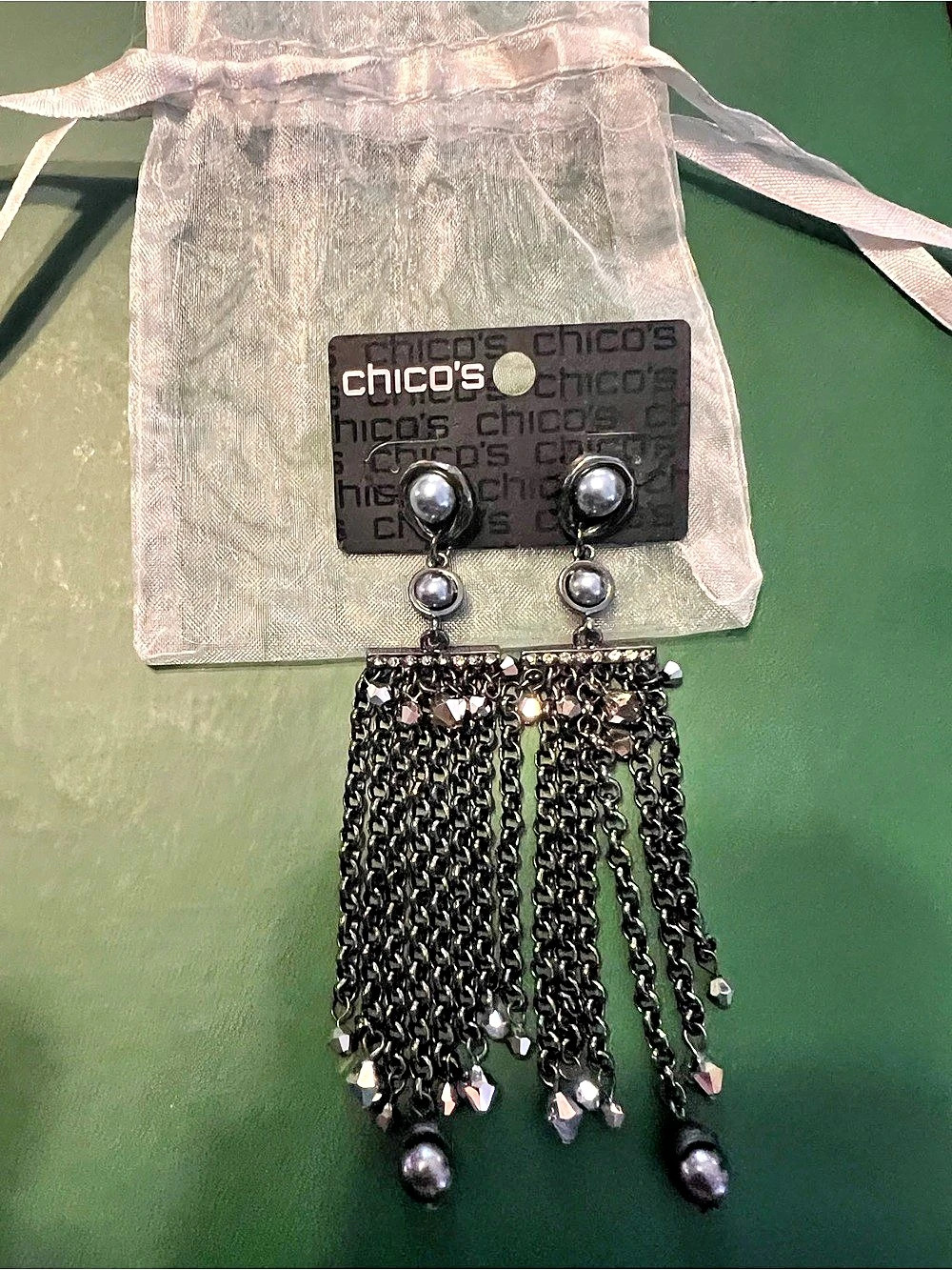 Chico's Gunmetal Long Industrial Dark Chain Tassel Beaded Earrings
